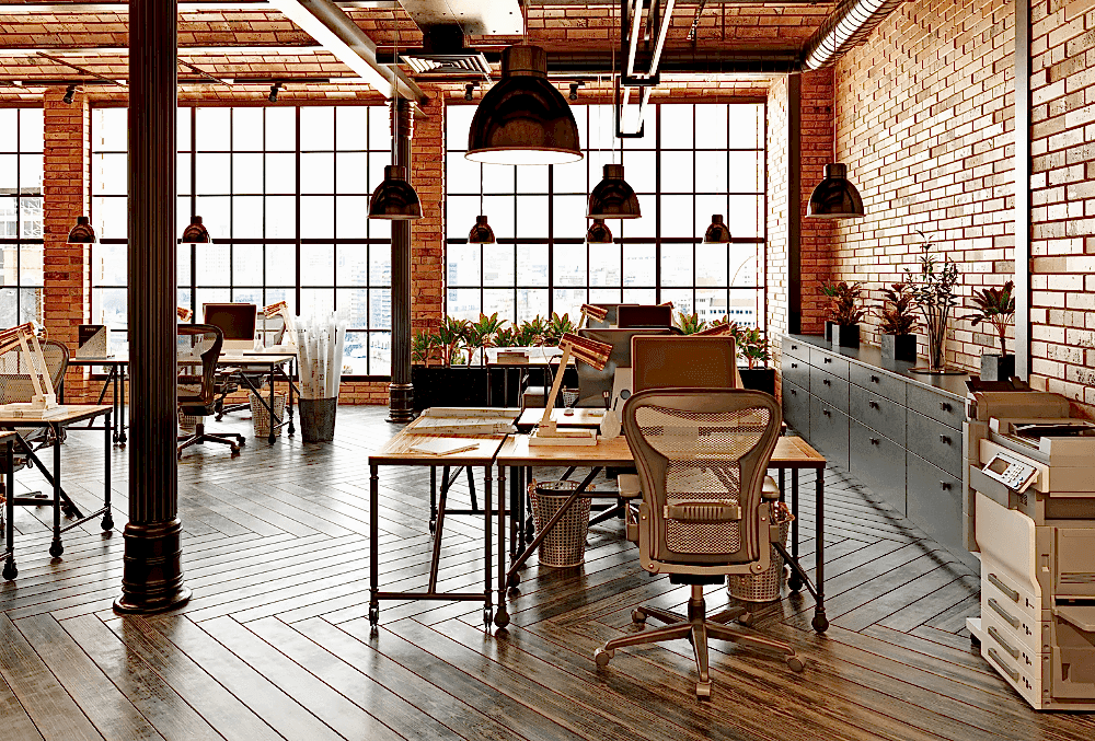 Spacious Office Commercial Space with Modern Chairs, Elegant Tables, and Stylish Lighting